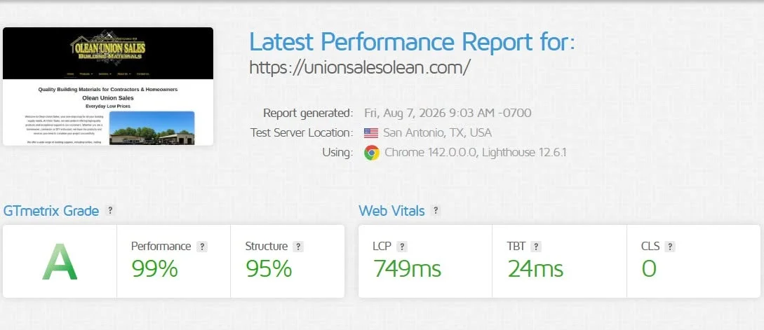 GTmetrix performance report for Olean Union Sales