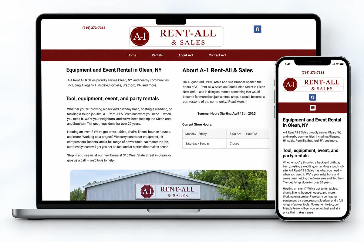 A-1 Rent-All and Sales website displayed on desktop and mobile devices