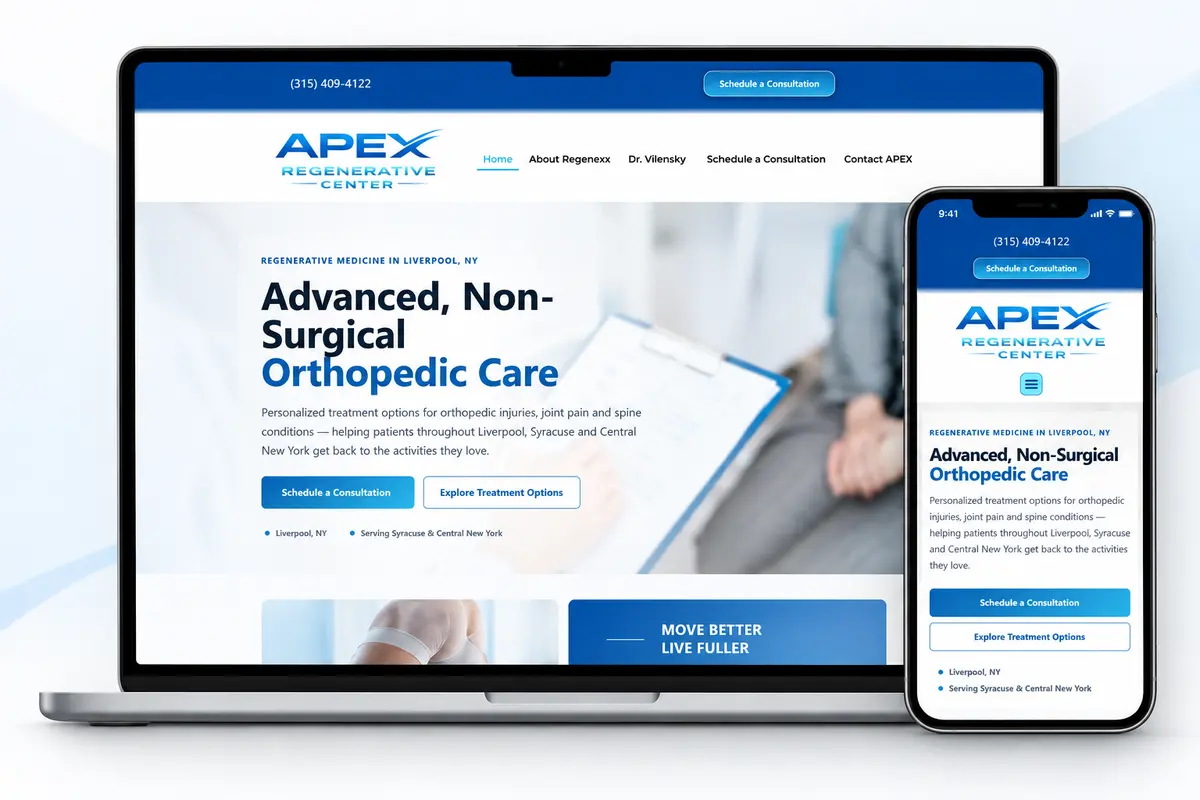 APEX Regenerative Center website displayed on desktop and mobile devices