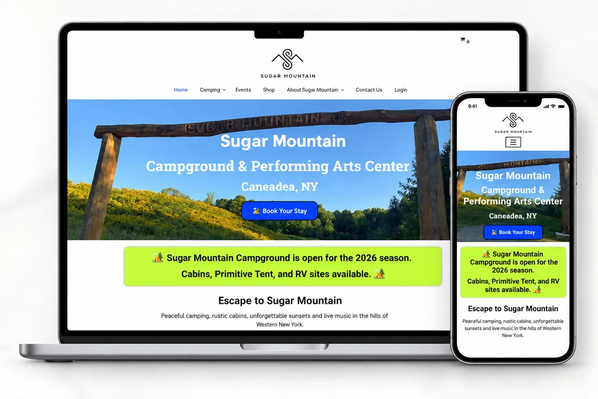 Sugar Mountain Campground website displayed on desktop and mobile devices