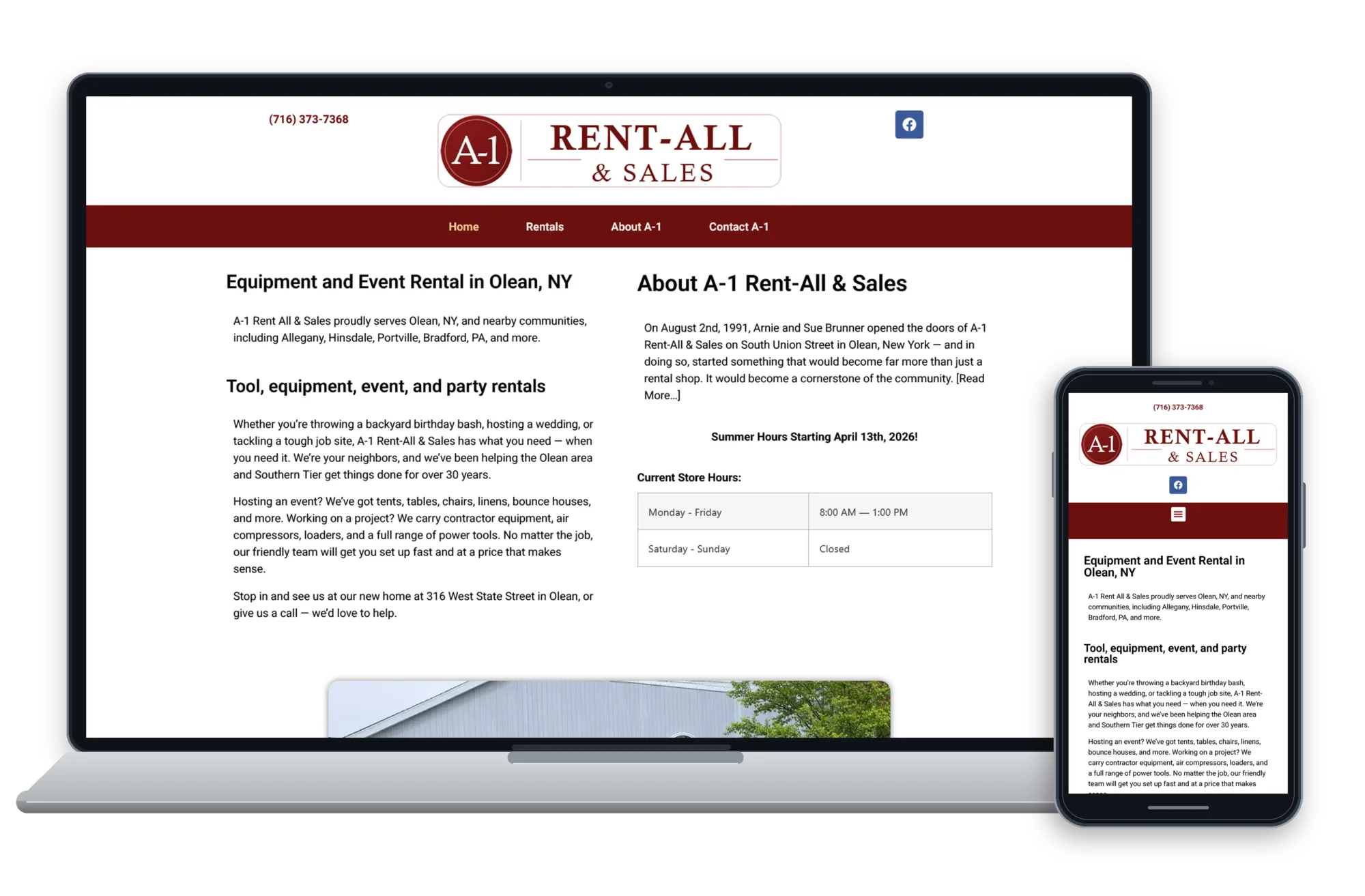 A-1 Rent-All and Sales responsive website design shown on desktop and mobile devices