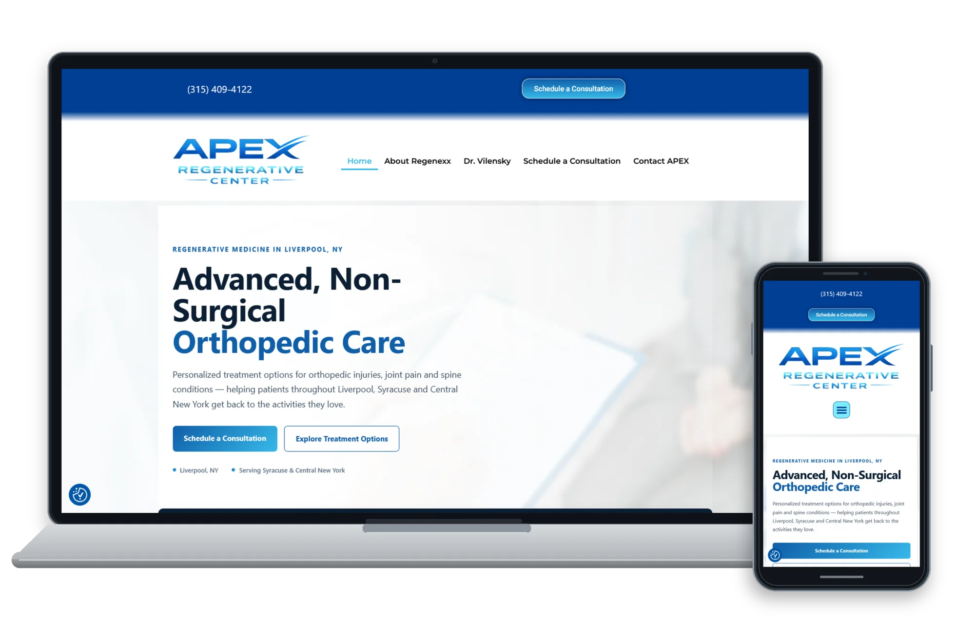 APEX Regenerative Center responsive website design shown on desktop and mobile devices