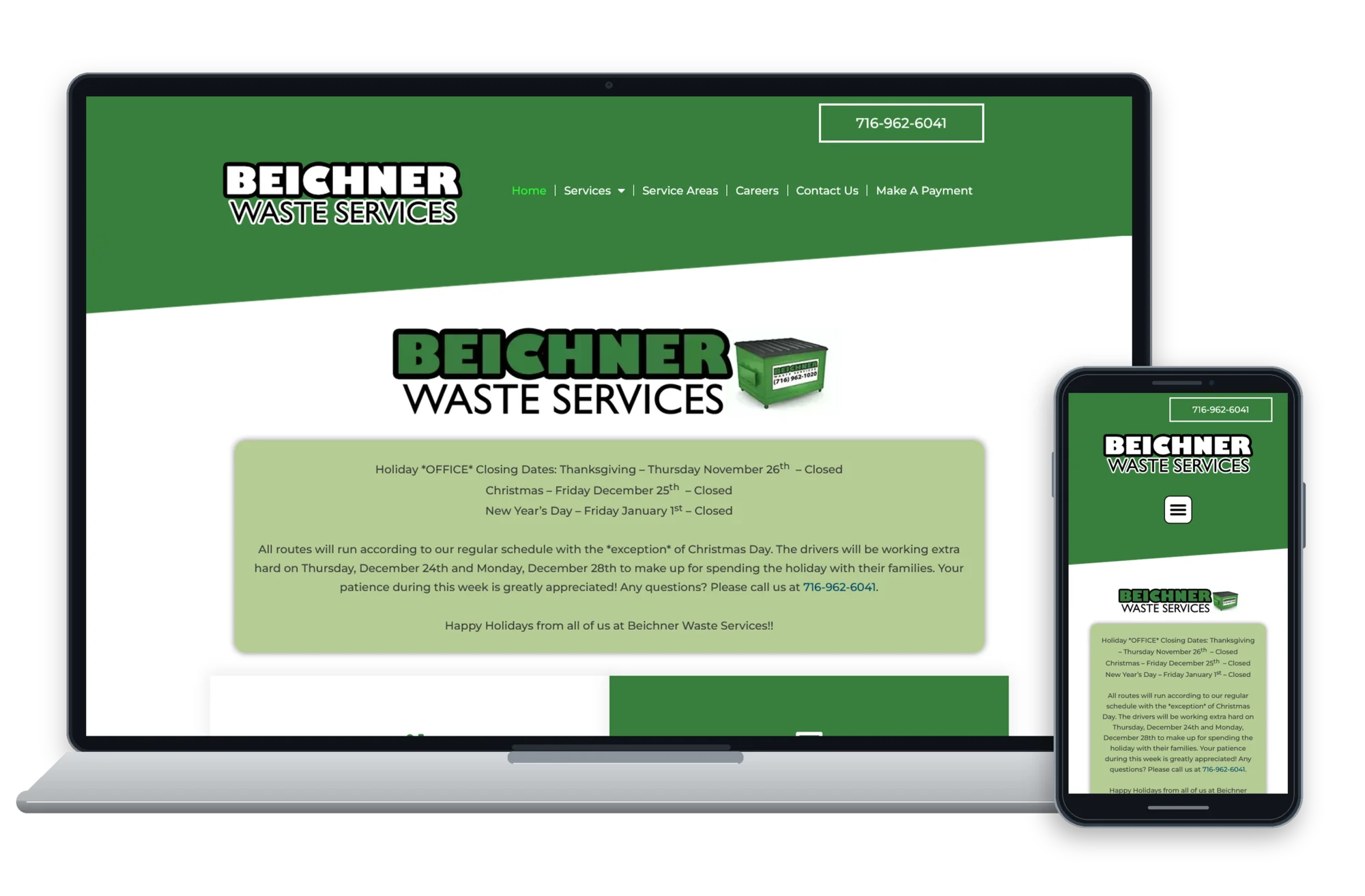 Beichner Waste Services responsive website design shown on desktop and mobile devices