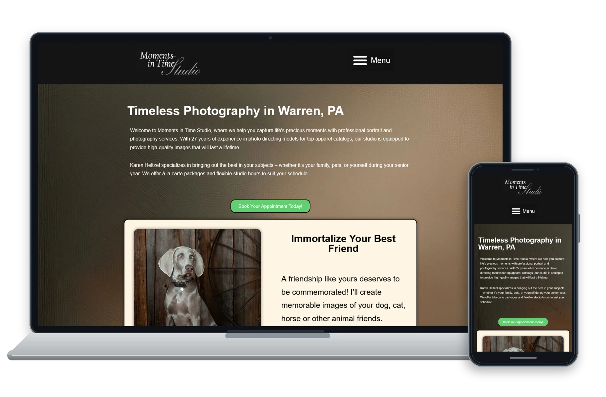 Moments in Time Studio responsive photography website design shown on desktop and mobile devices