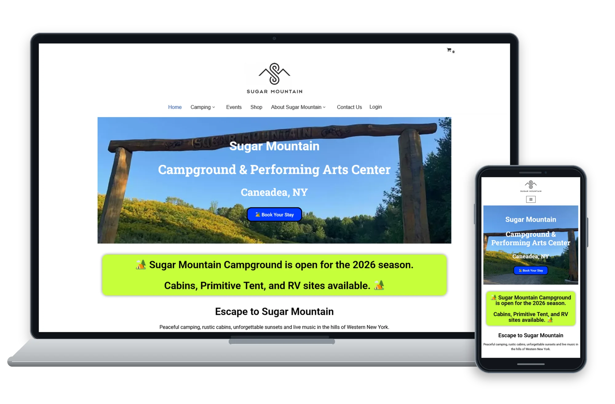 Sugar Mountain Campground responsive website design shown on desktop and mobile devices